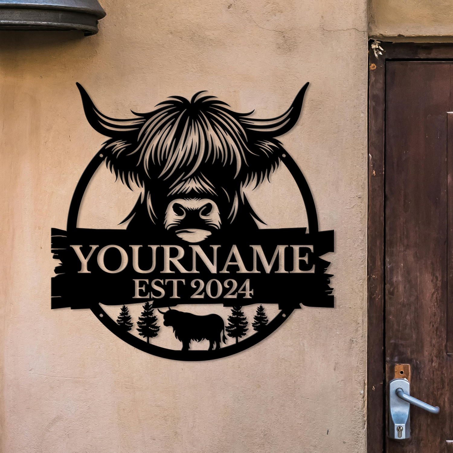 Personalized Highland Cow Metal Sign – Custom Name Wall Decor