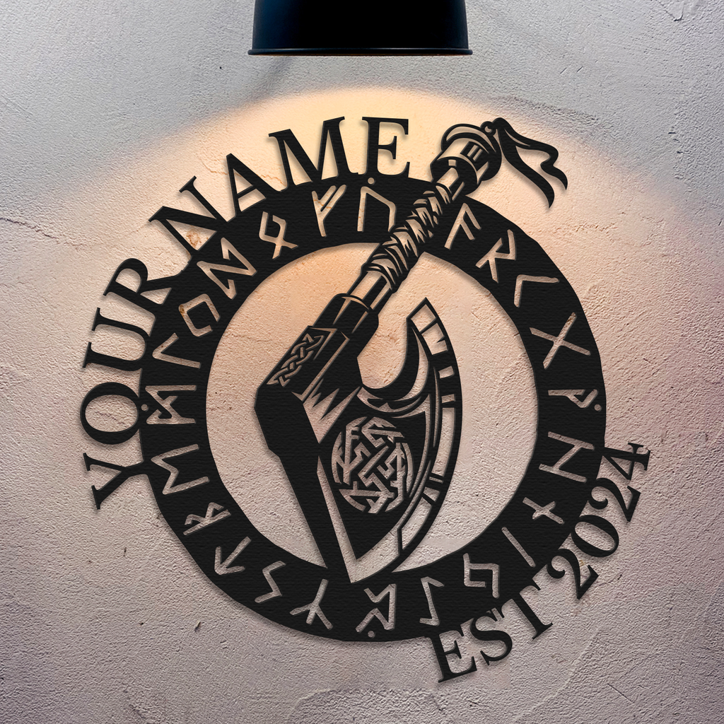 Personalized Viking Axe Metal Sign, Custom Text Norse Wall Decor