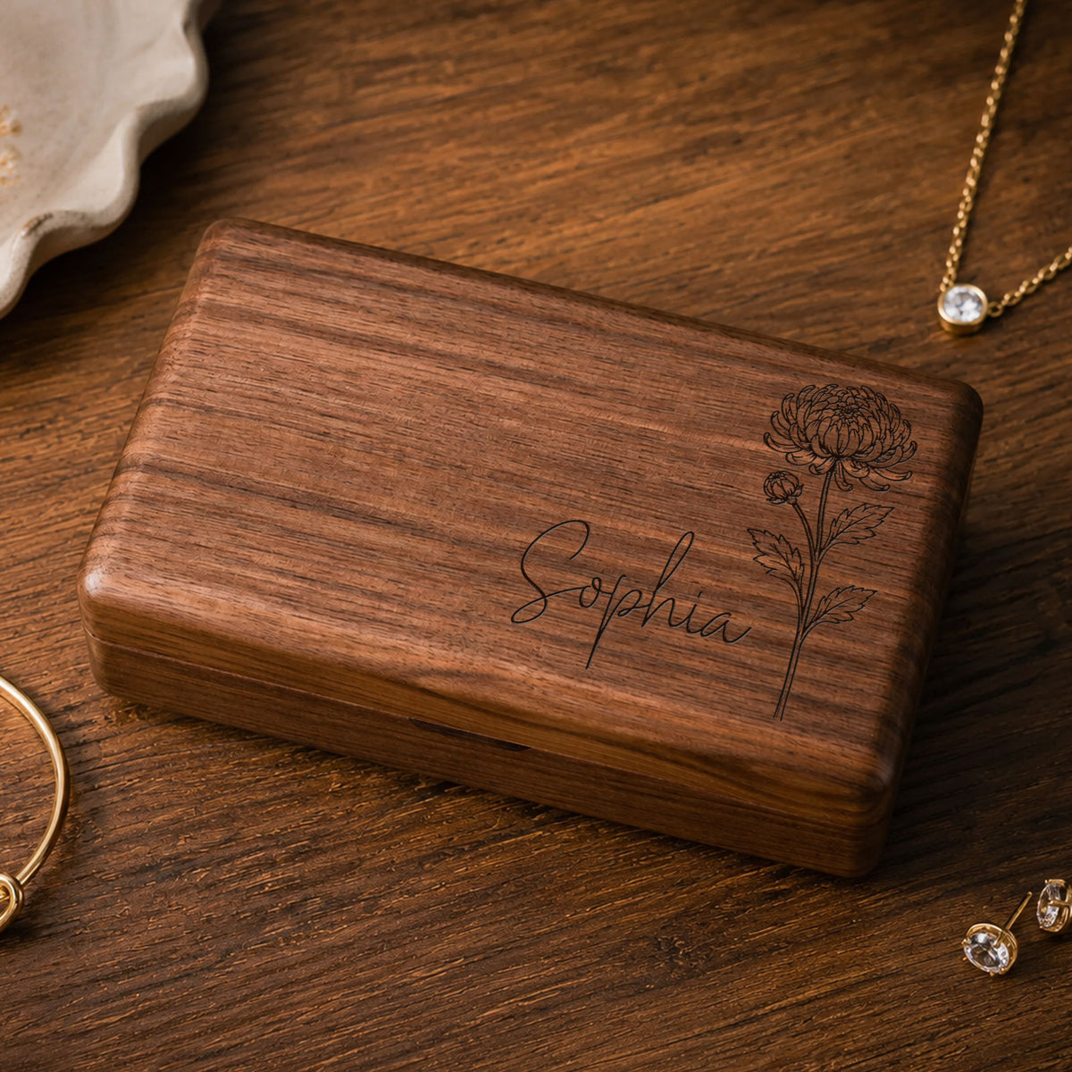Personalized Wooden Jewelry Box with Name and Birth Flower