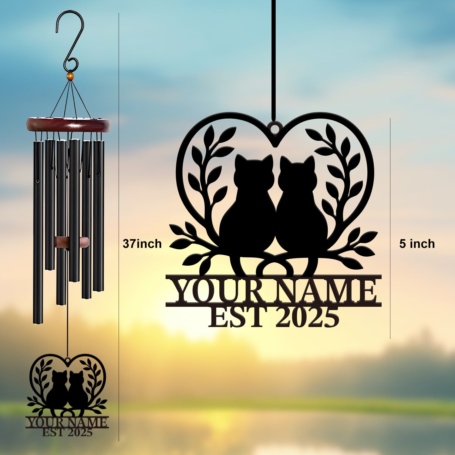 Personalized Two Cats Heart Wind Chime