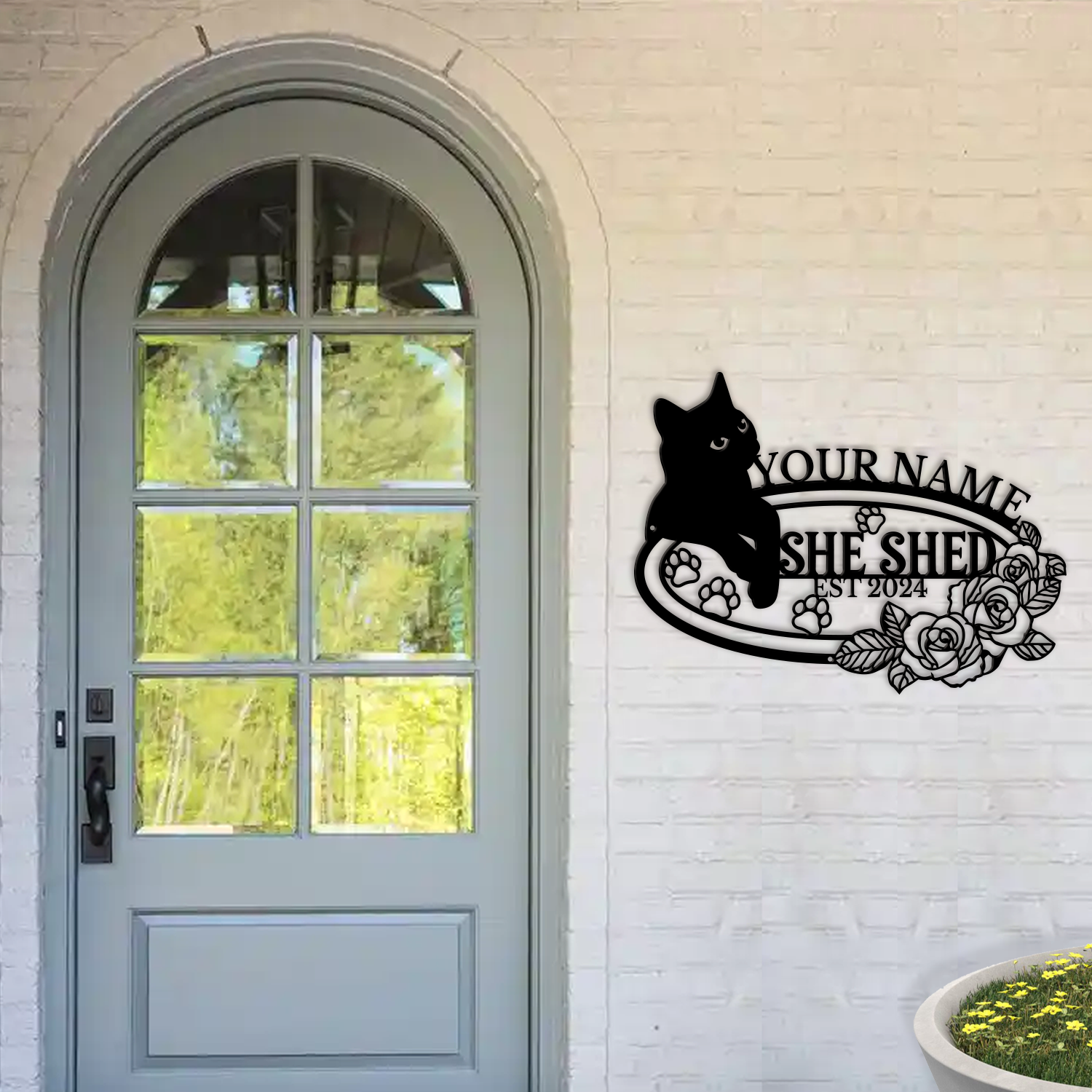 Personalized Cat She Shed Metal Sign, Custom Text Floral Wall Decor