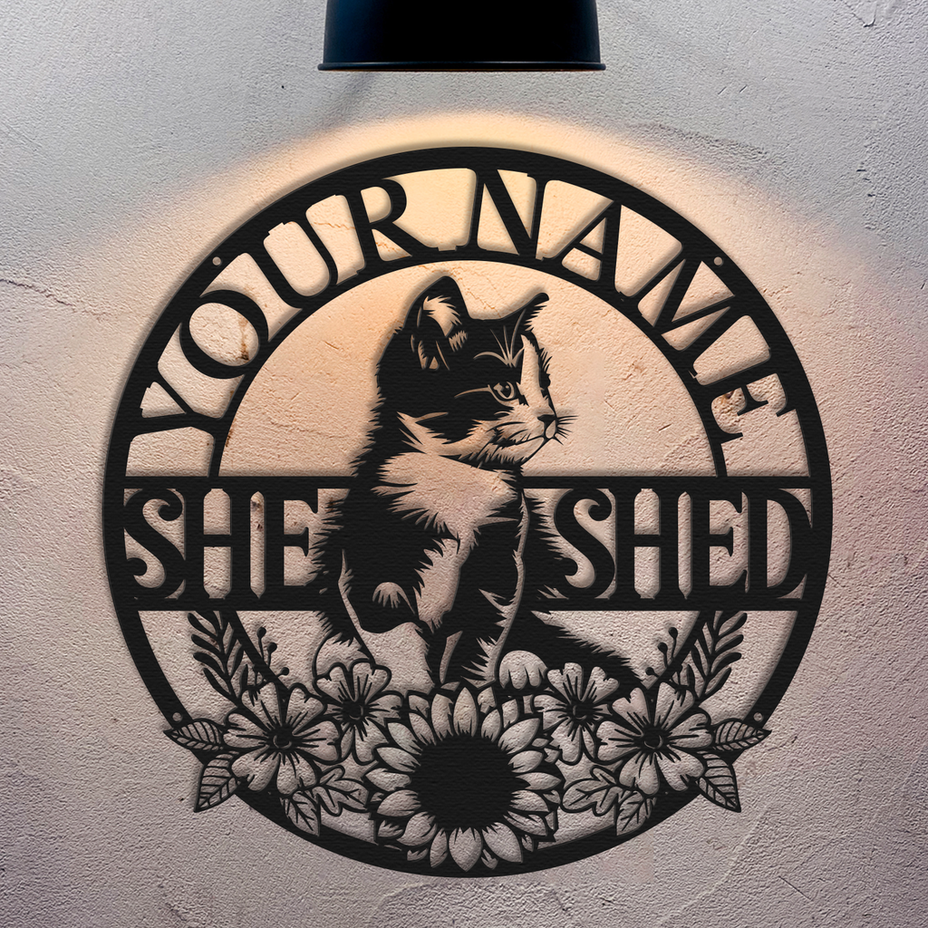 Personalized Cat She Shed Metal Sign, Custom Text Floral Wall Decor