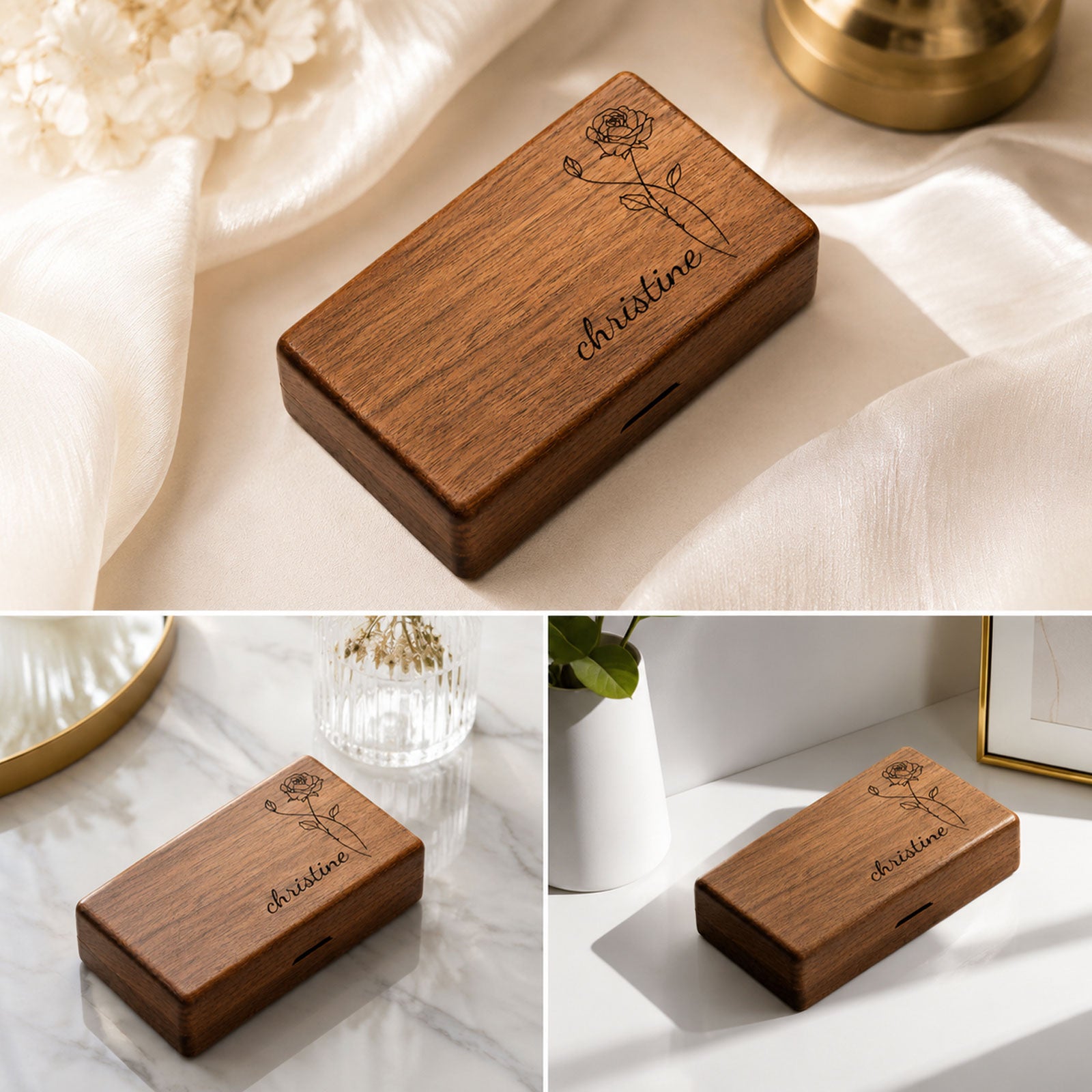 Personalized Birth Flower Wooden Jewelry Box with Custom Name