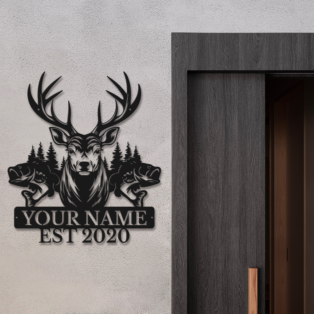 Personalized Deer & Fish Metal Sign, Custom Text Outdoor Wall Decor