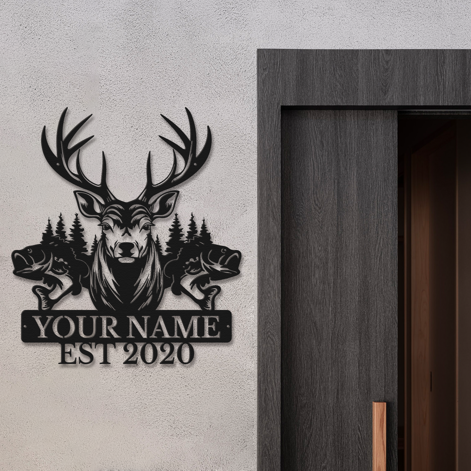 Personalized Deer & Fish Metal Sign, Custom Text Outdoor Wall Decor