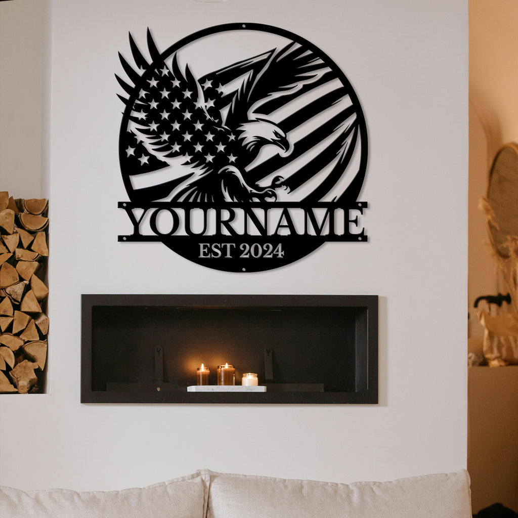 Personalized Eagle Flag Metal Sign – Custom Name Wall Decor