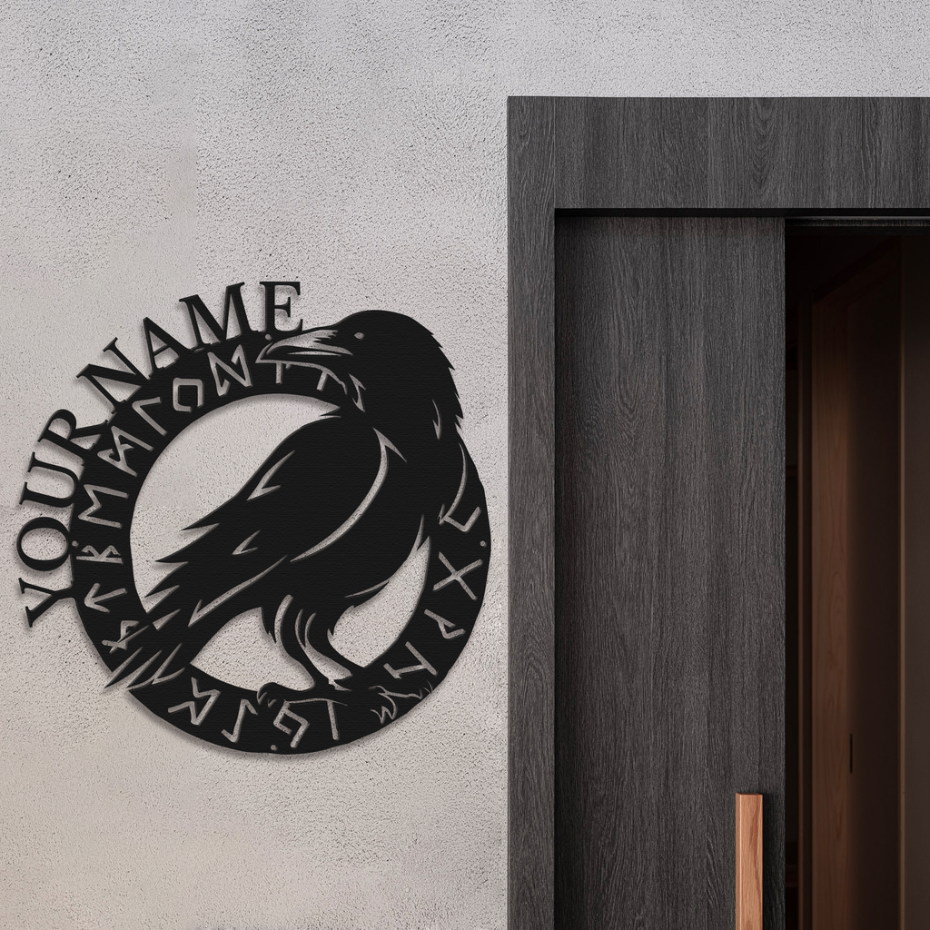 Personalized Viking Raven Metal Sign, Custom Text Norse Wall Decor