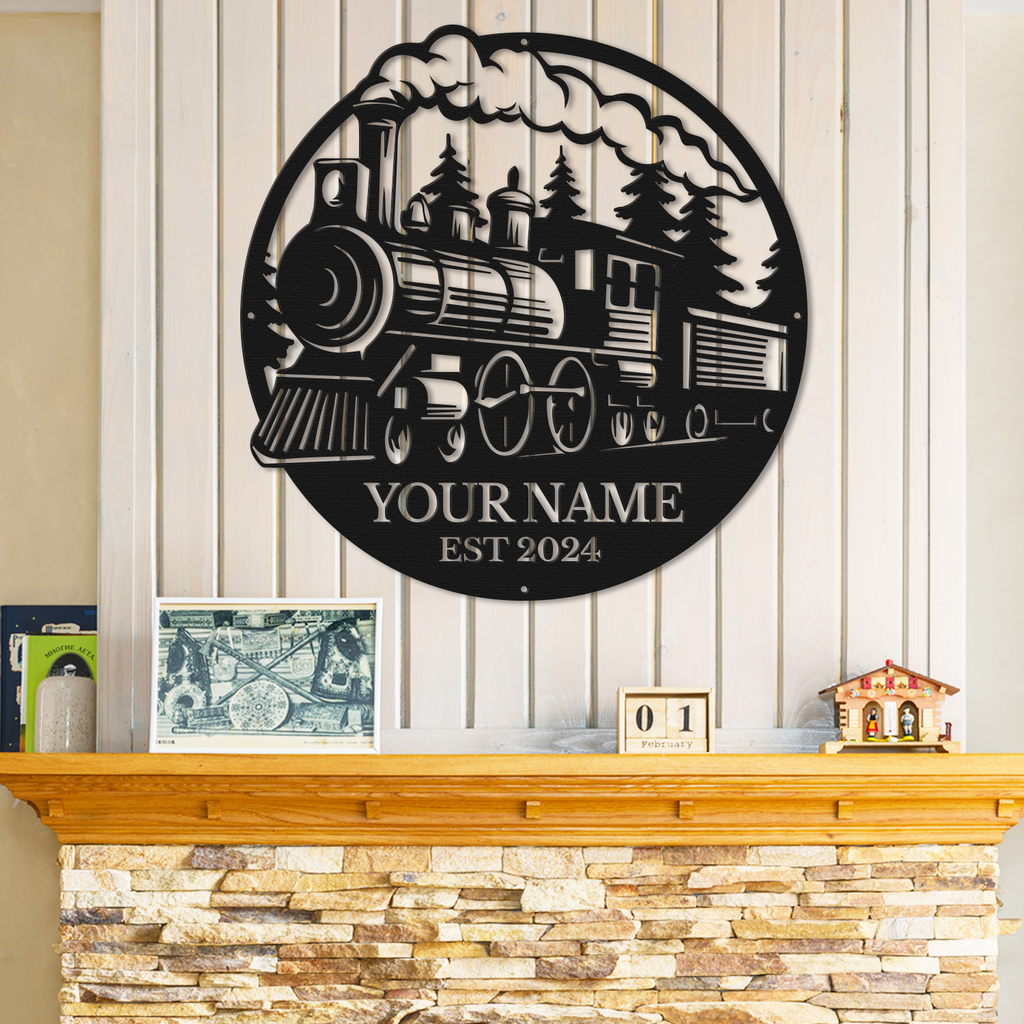 Personalized Steam Train Metal Sign, Custom Text Railroad Wall Decor