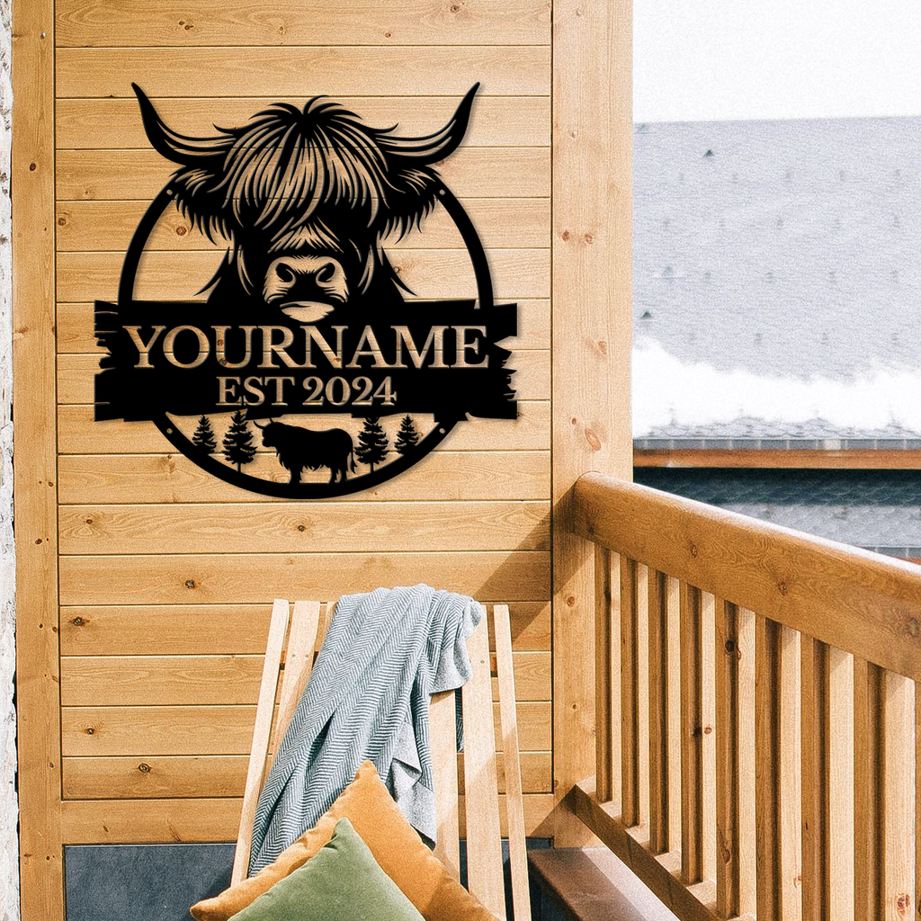 Personalized Highland Cow Metal Sign – Custom Name Wall Decor