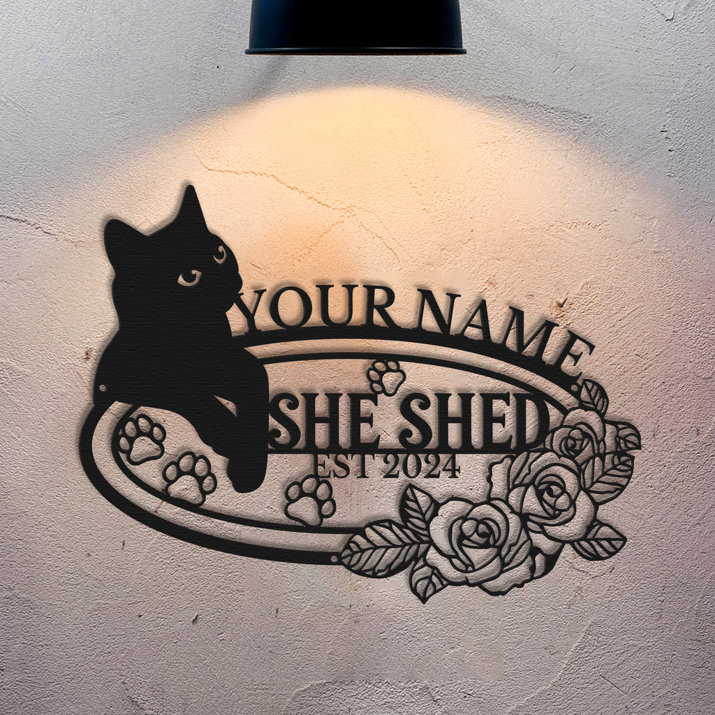 Personalized Cat She Shed Metal Sign, Custom Text Floral Wall Decor