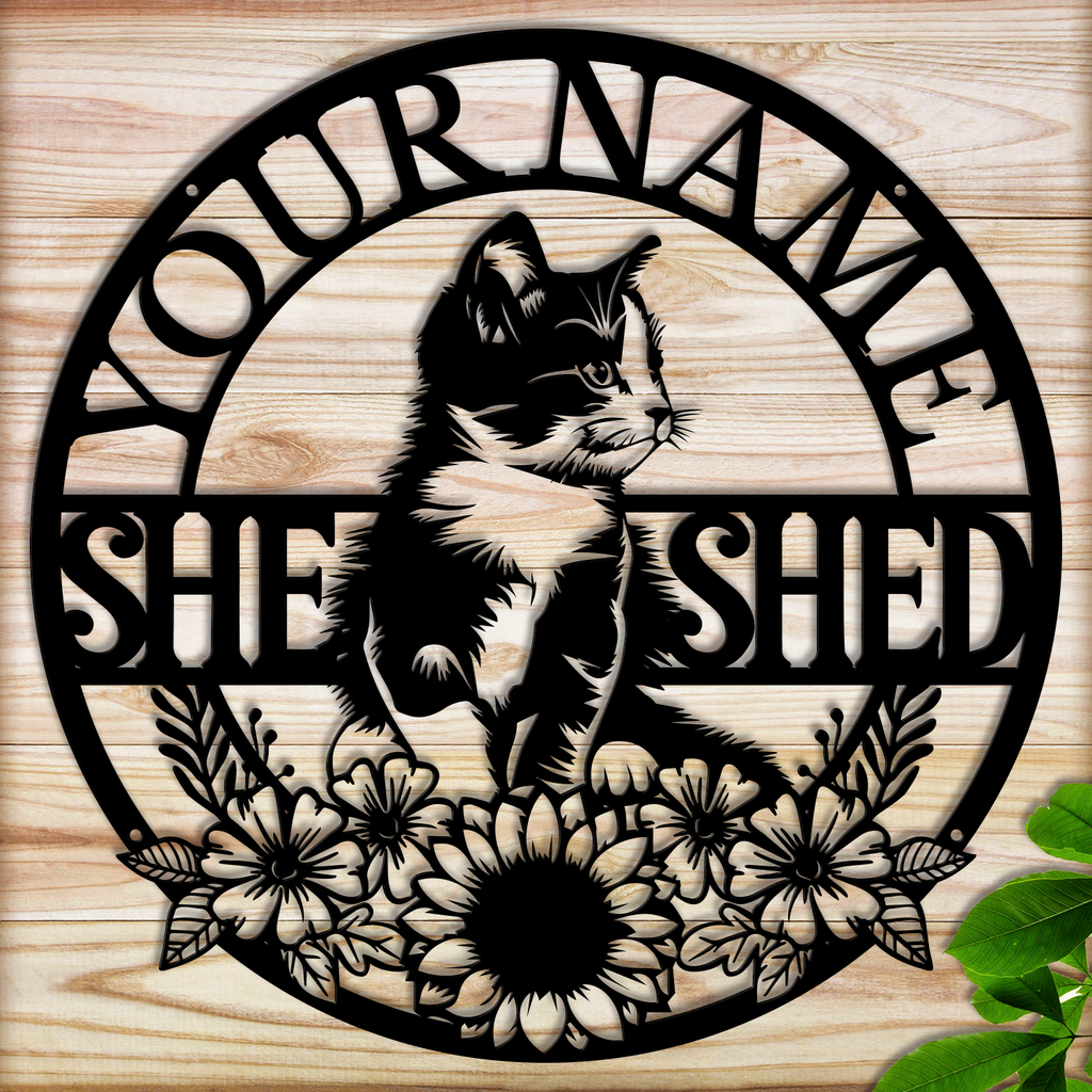 Personalized Cat She Shed Metal Sign, Custom Text Floral Wall Decor