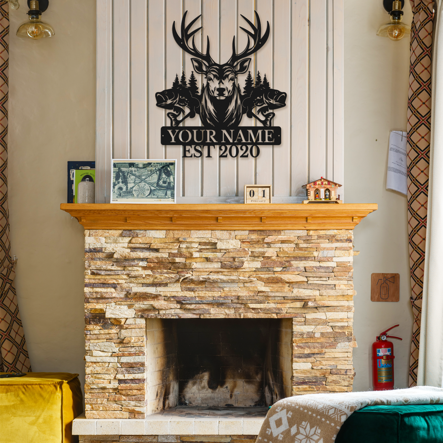 Personalized Deer & Fish Metal Sign, Custom Text Outdoor Wall Decor