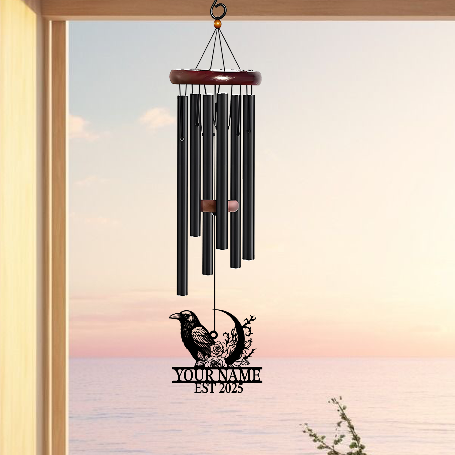 Personalized Raven Moon Rose Wind Chime