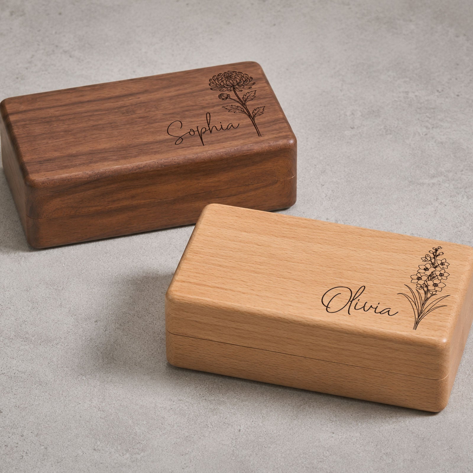 Personalized Wooden Jewelry Box with Name and Birth Flower