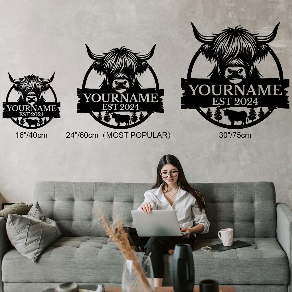 Personalized Highland Cow Metal Sign – Custom Name Wall Decor