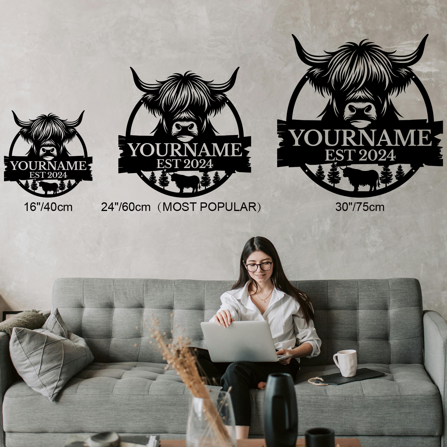 Personalized Highland Cow Metal Sign – Custom Name Wall Decor