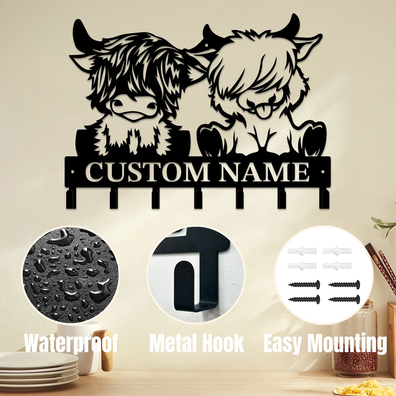 Personalized Highland Cow Metal Hook Rack