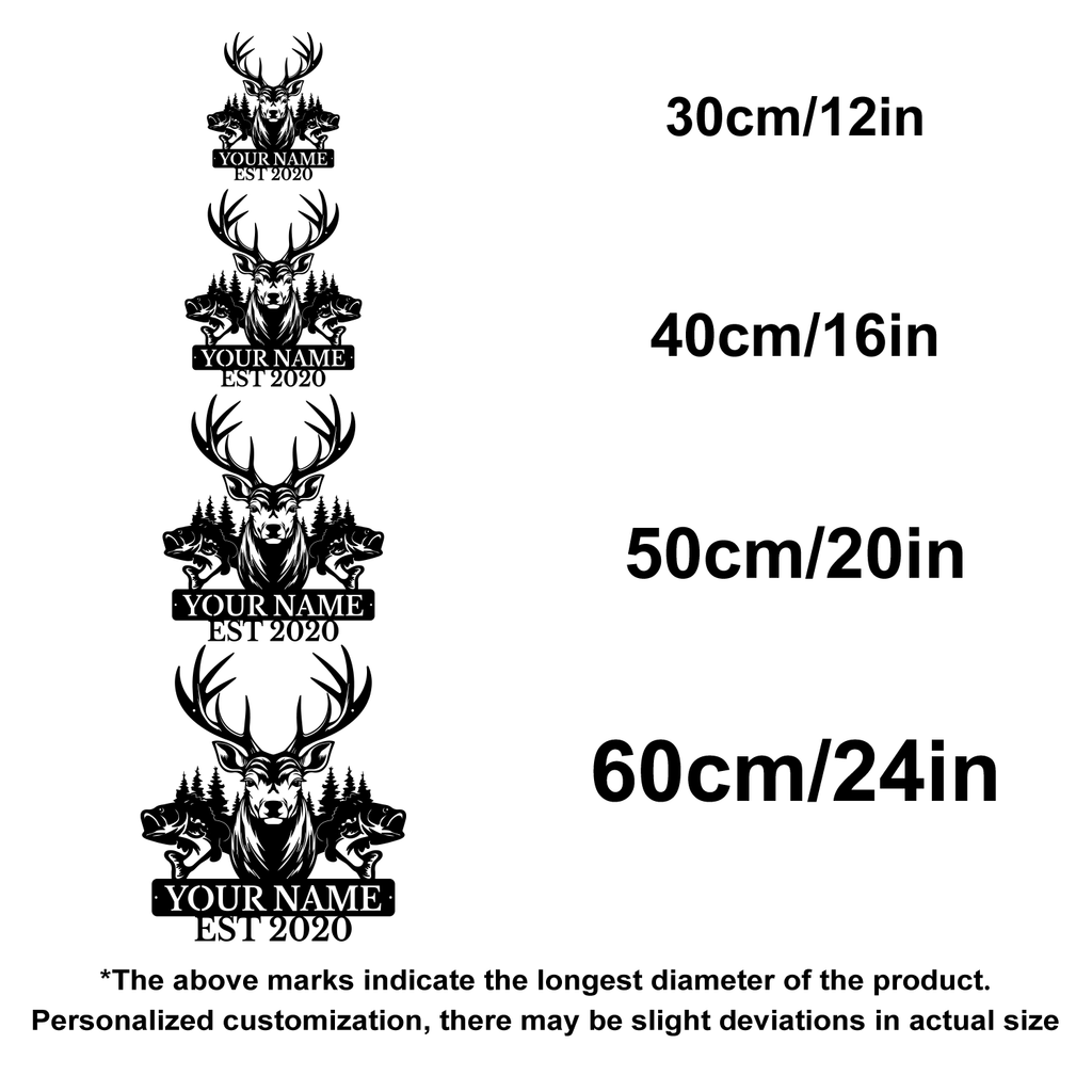 Personalized Deer & Fish Metal Sign, Custom Text Outdoor Wall Decor