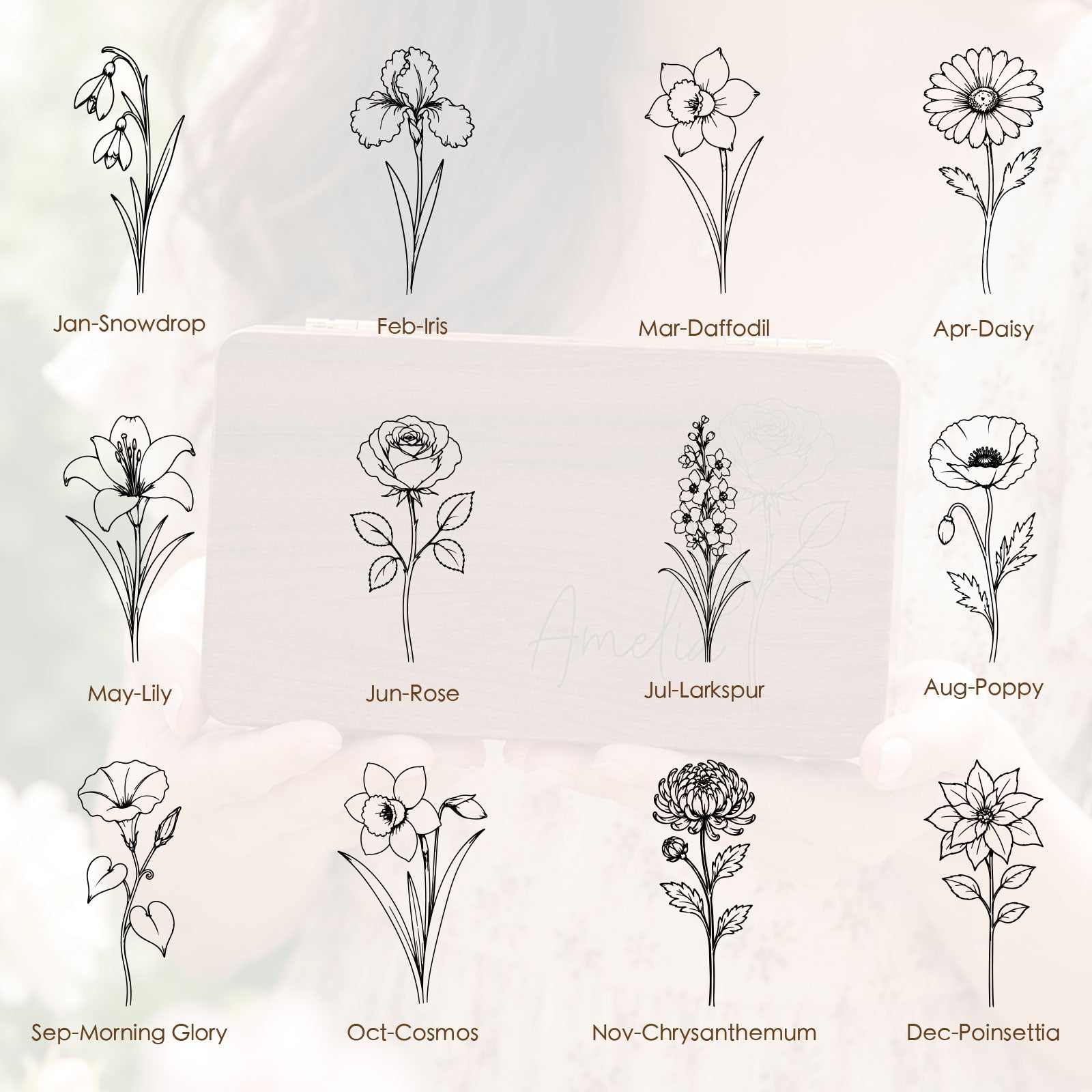 Personalized Wooden Jewelry Box with Name and Birth Flower