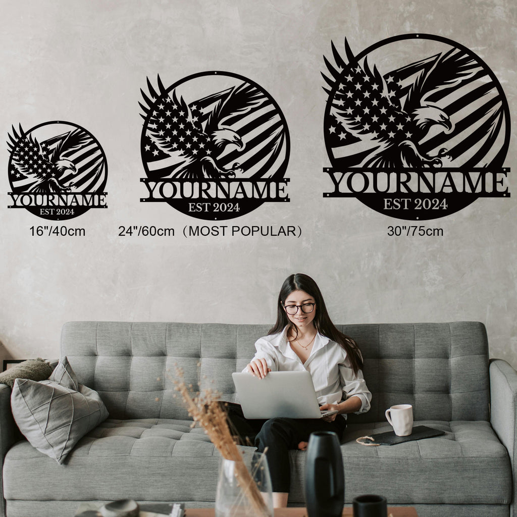 Personalized Eagle Flag Metal Sign – Custom Name Wall Decor