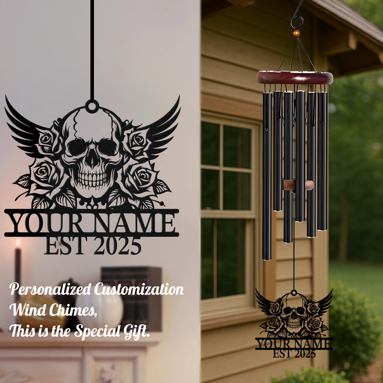 Personalized Skull Rose Wind Chime